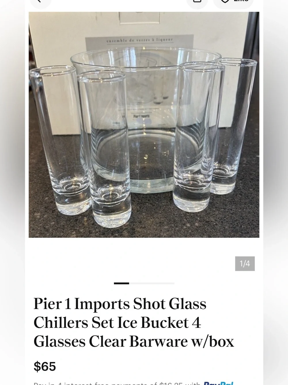 Pier 1 Imports 6 Shot Glasse Chillers in Clear Glass Ice Bucket.